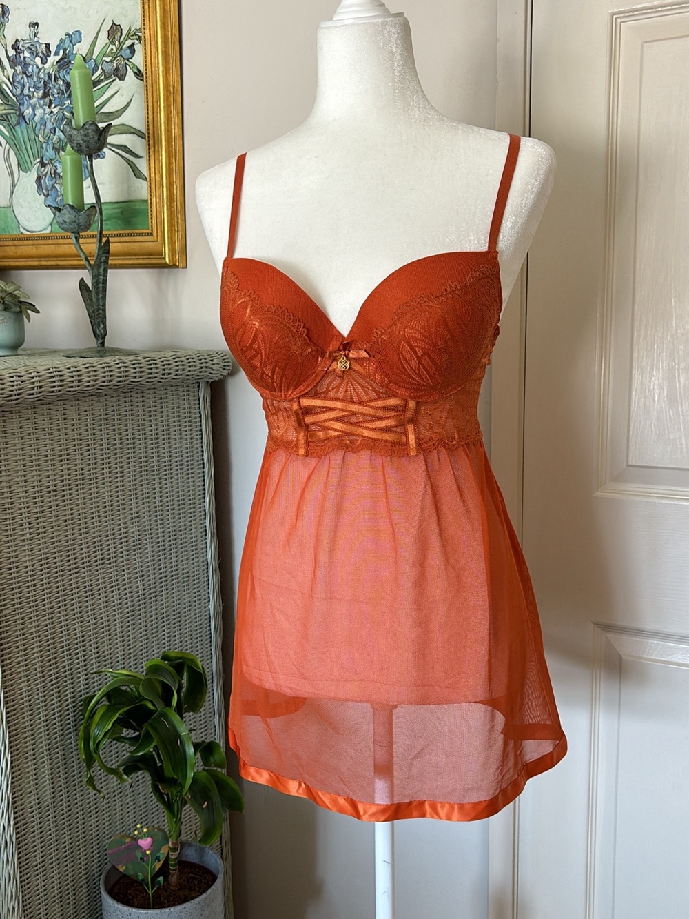 Women's Sheer Lace Babydoll Chemise lingerein Burnt Orange